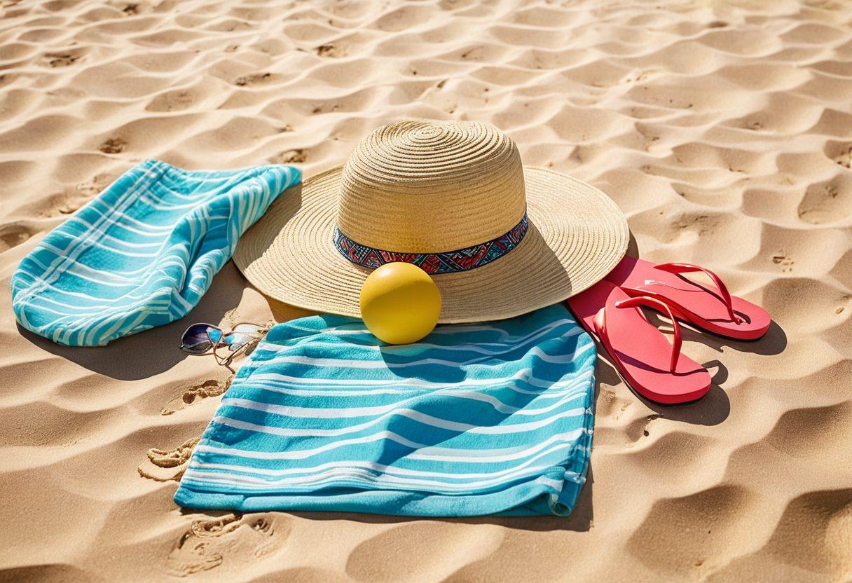 A stylish beach scene featuring an array of vibrant swim accessories: chic sunglasses, colorful beach towels, trendy flip-flops, and fashion-forward sun hats, all artfully arranged on a sandy beach with turquoise waters in the background. Include a playful beach ball and a stylish beach bag to enhance the summer vibe. Bright sunlight casting playful shadows for a lively atmosphere. vibrant colors. 3D.